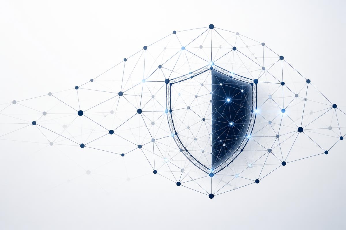 Abstracte visualisatie van cybersecurity en AI-netwerken